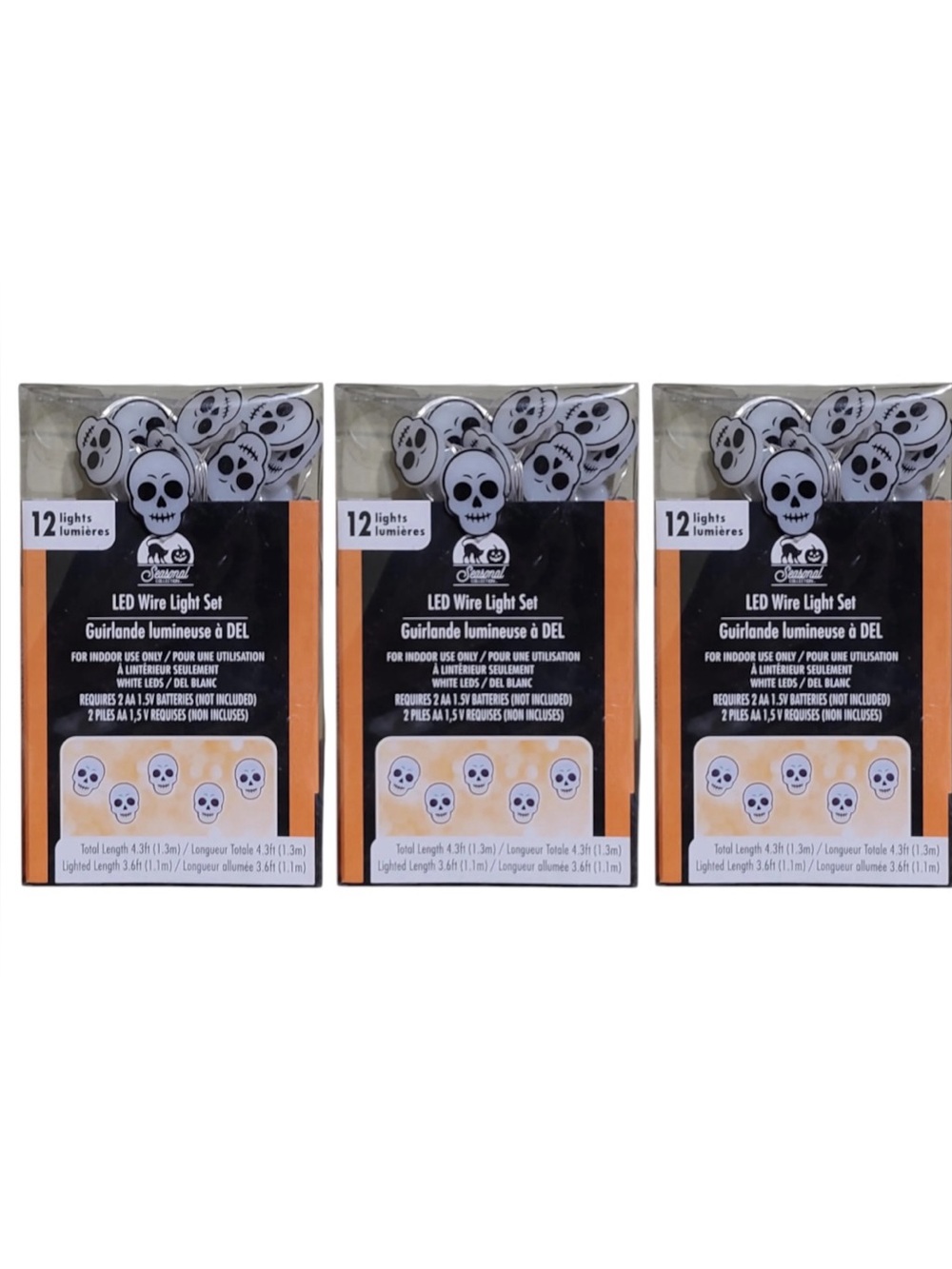 Seasonal Collection Halloween LED White Skeleton Skull String Light Sets, 3 Pack